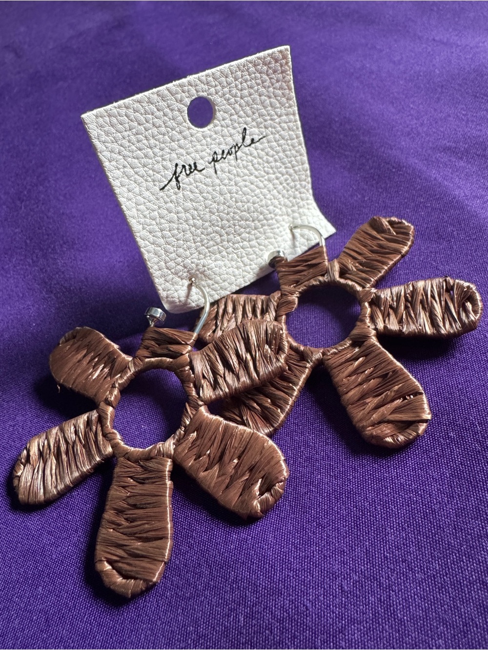 Free People Brown Woven Floral Hoop Earrings NWT